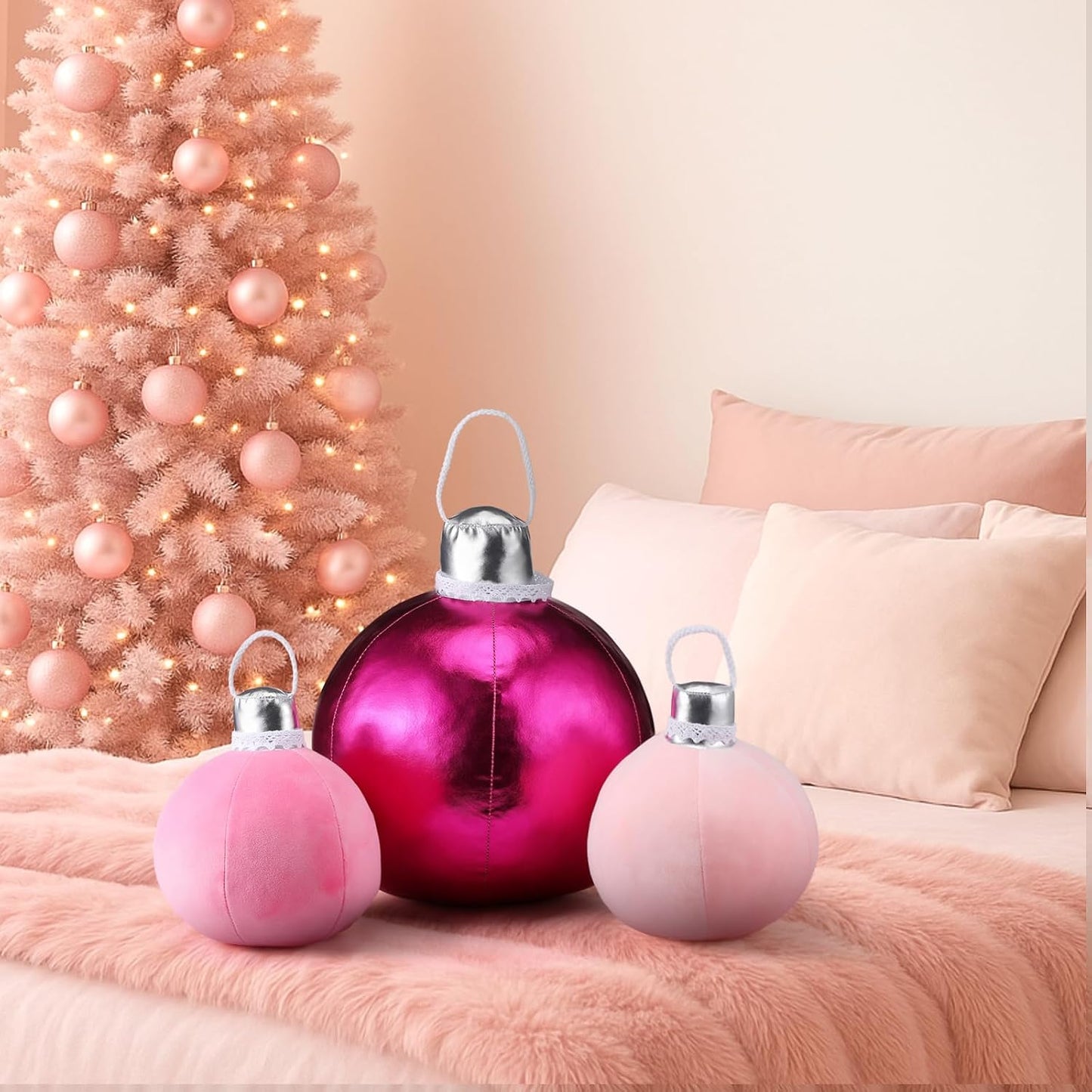 Shellwei 3 Pcs Pink Christmas Bell Pillow Velvet Round Throw Pillows 3D Stuffed Ball Shaped Pillow Neutral Cute Christmas Decorations for Bedroom Living Room and Gift for Xmas