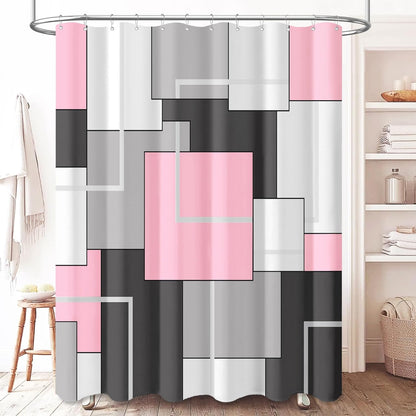 BTTN Pink Fabric Shower Curtain Set, Modern Geometric Neutral, Weighted Hem, Water Repellent, White Black Grey Decorative Polyester, 72x72