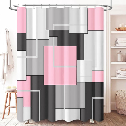 BTTN Pink Fabric Shower Curtain Set, Modern Geometric Neutral, Weighted Hem, Water Repellent, White Black Grey Decorative Polyester, 72x72