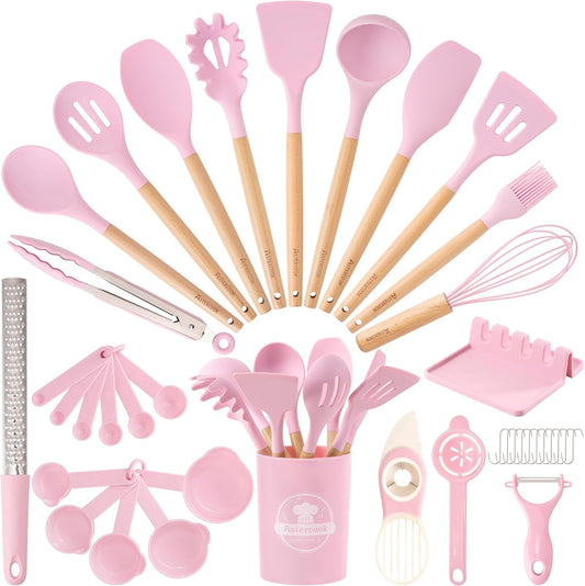 Astercook Kitchen Utensils set, 39 PCS Silicone Cooking Utensils Set with Wooden Handle, 446°F Heat Resistant Food Grade Utensil Sets, BPA Free Kitchen Gadgets Tools Set for Nonstick Cookware (Pink)