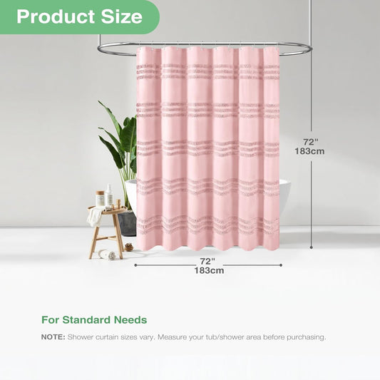 Dynamene Pink Fabric Shower Curtain, Tufted Chenille Striped Textured Cloth Shower Curtain for Bathroom, Modern Farmhouse Shabby Chic Waterproof Shower Curtain Set with Hook, Machine Washable, 72x72