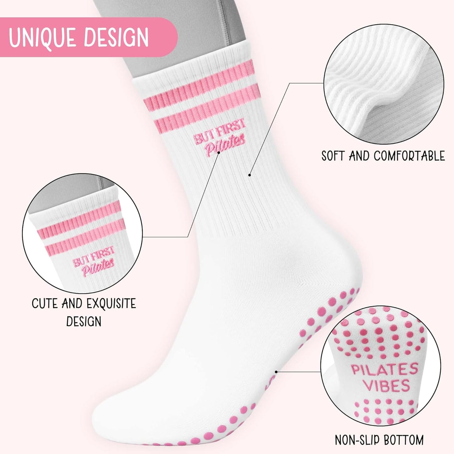 Cute Pilates Socks, Pink Crew Grippy Socks for Studio Reformer Workout Style