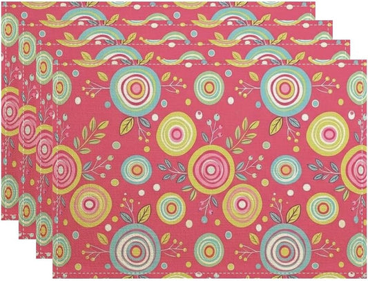 Colorful Floral Placemats, Vibrant Round Pattern Table Mats for Dining Table, Spring Summer Decorative Non-Slip Washable Indoor Outdoor Kitchen Party Placemat Set of 4