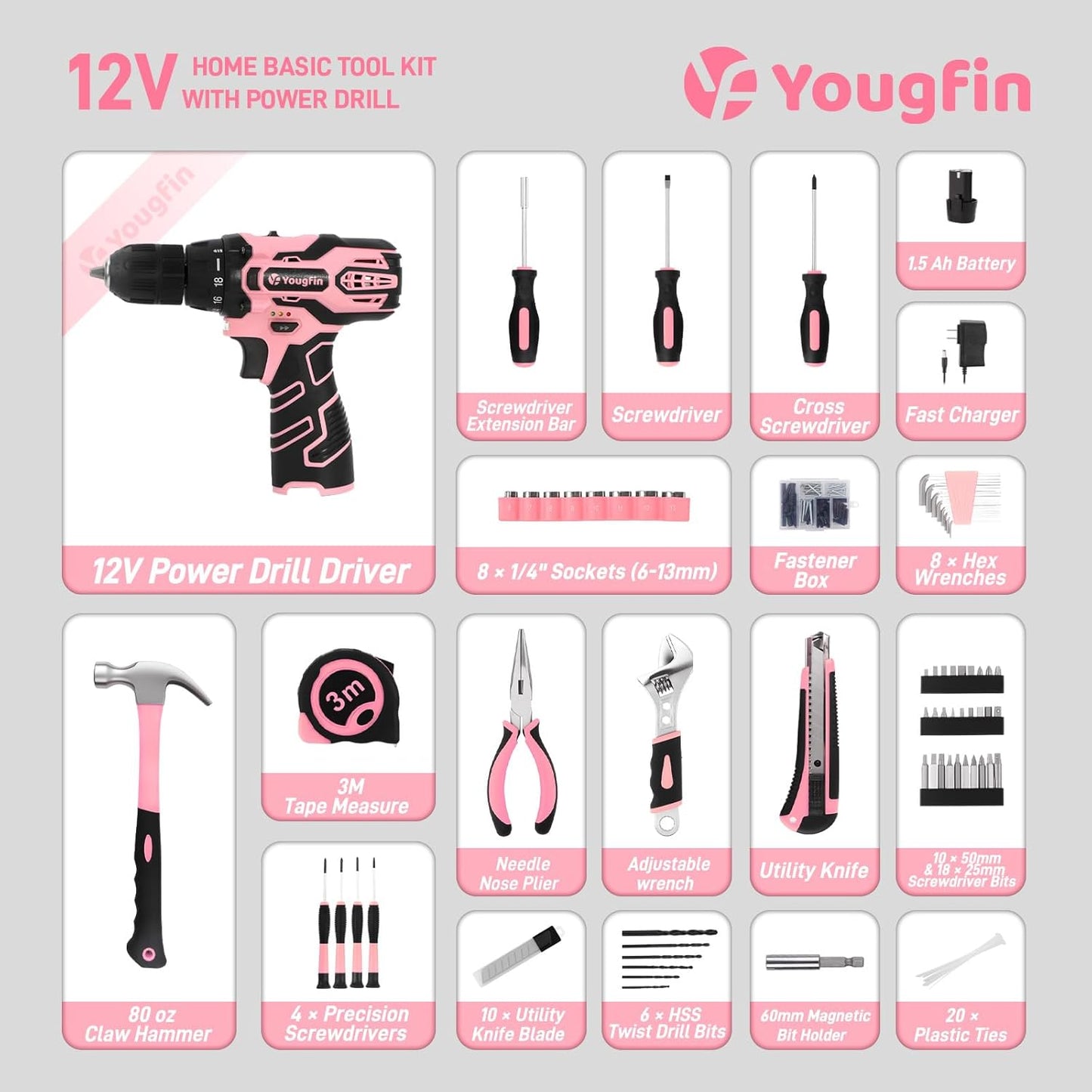 12V Pink Cordless Drill Set 195PCS Hand Tool Combo Kit Small Compact Electric Screwdriver Set Portable Power for Home DIY&Repair Driver Machine with Battery & Charger Gift Box for Women
