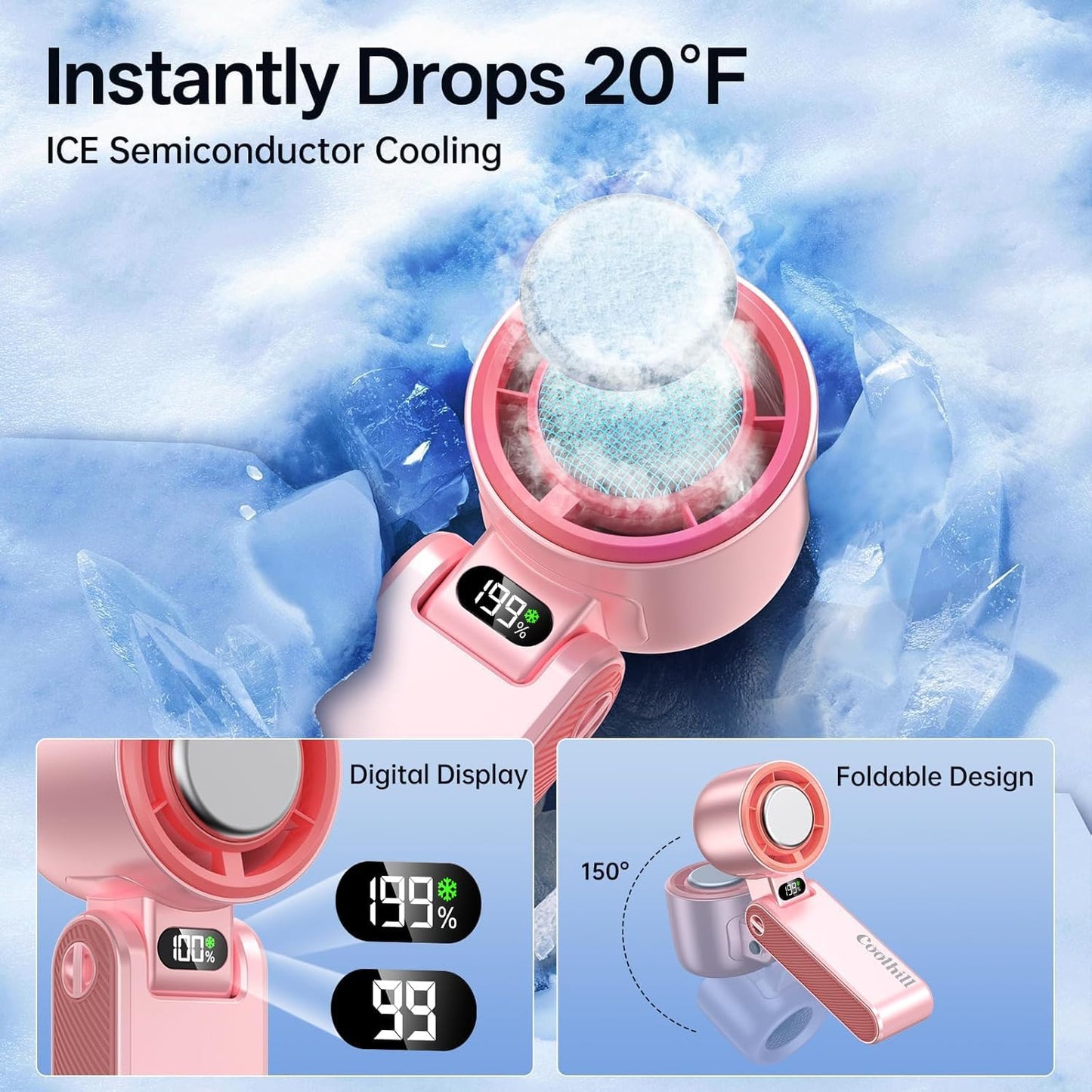 Handheld Portable Fan with Ice Cooler: 199-Speed 5500mAh Rechargeable Handheld Fan, 12H Time Hand Cooling Personal Fans with 20000 RPM Air Turbo Tech for Travel Outdoor (Pink)