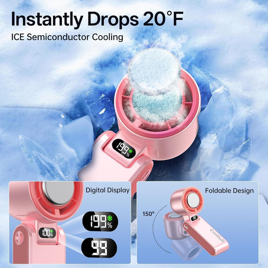 Handheld Portable Fan with Ice Cooler: 199-Speed 5500mAh Rechargeable Handheld Fan, 12H Time Hand Cooling Personal Fans with 20000 RPM Air Turbo Tech for Travel Outdoor (Pink)