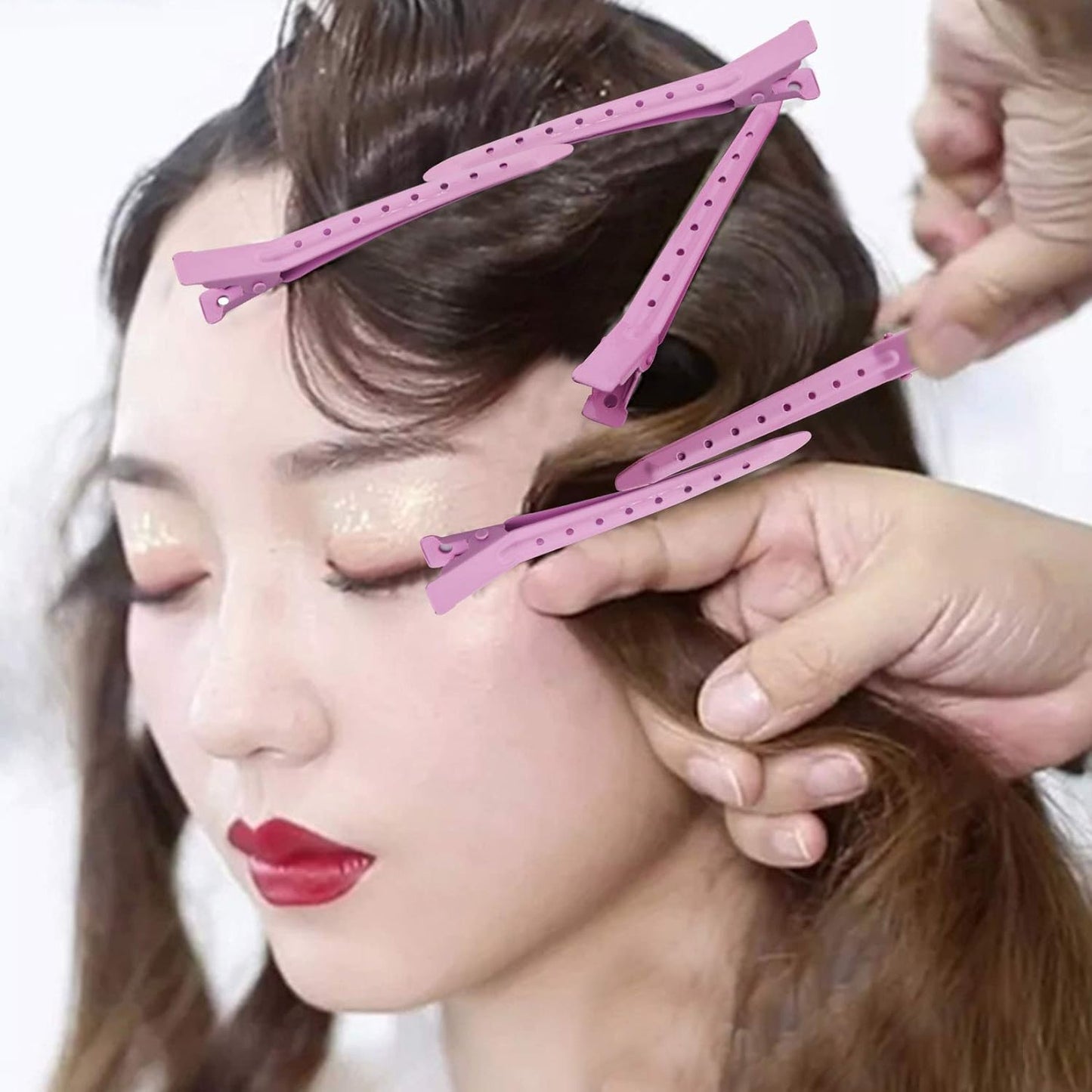 24 Packs Duck Bill Clips, Bantoye 3.35 Inches Rustproof Metal Alligator Curl Clips with Holes for Hair Styling, Hair Coloring, Pink