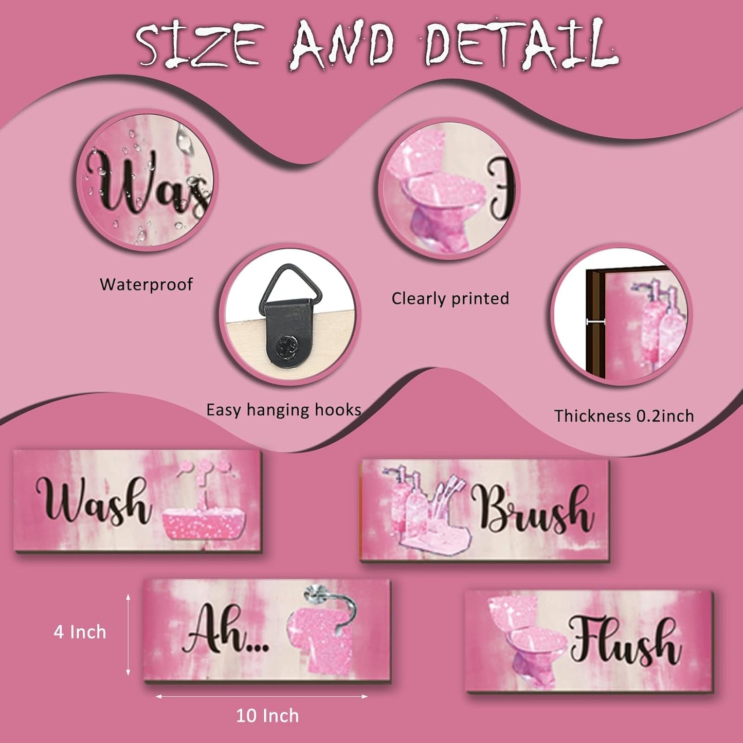 FENCORDAR 4 Pcs Pink Bathroom Decor Abstract Wall Decor Wooden Pink Bathroom Accessories Modern Funny Glitter Wall Art for Home Toilet Decoration 10x4 Inches