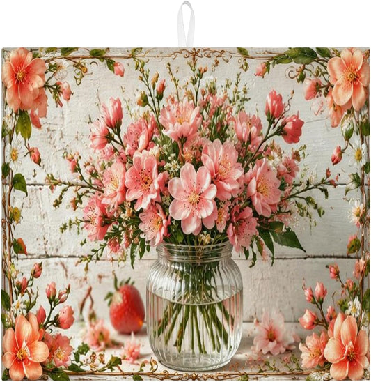 Floral Dish Drying Mats for Kitchen Counter, Peach Blossom Absorbent Dish Drainer Rack Mat, Vintage Romantic Microfiber Drying Pad for Kitchen Counter Home Decor 16x18 Inch
