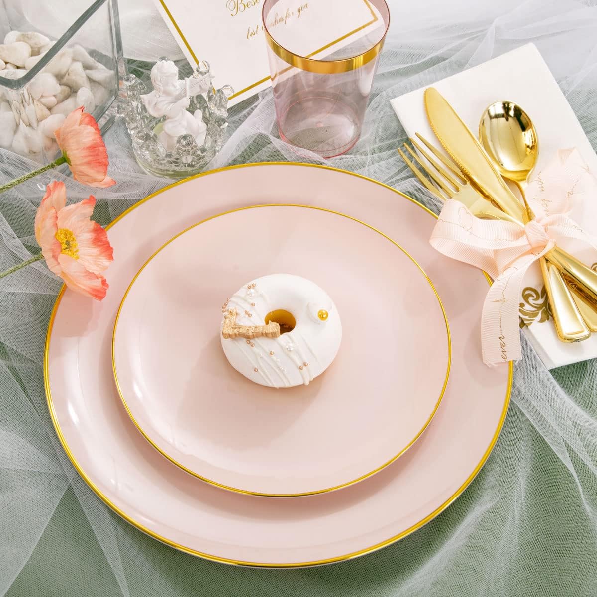 Rubtlamp 210Pcs Plastic Pink Plates with Gold Plastic Silverware Set Include 30Pink Dinner & 30 Dessert Plates, 90Gold Cutlery, 30Gold Cups, 30Napkins, Pink Dinnerware for Valentines&Mother's Day