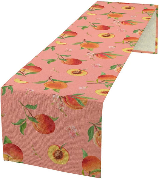 Pink Cute Peach Table Runner, Colorful Summer Fruit Floral Table Runner for Kitchen Dining Party Holiday Home 13x36in
