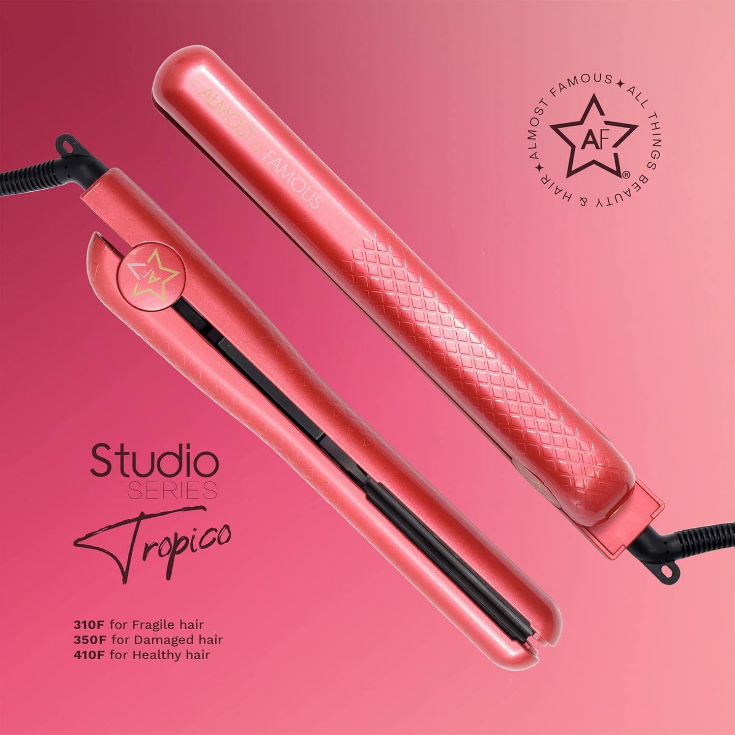 Almost Famous Tropico Tourmaline Ceramic 1.25" Professional Hair Straightener Flat Iron Pro for Hair Styling, Tourmaline Ceramic Panel with Adjustable Temperature - (Hibiscus Pink (New Model)