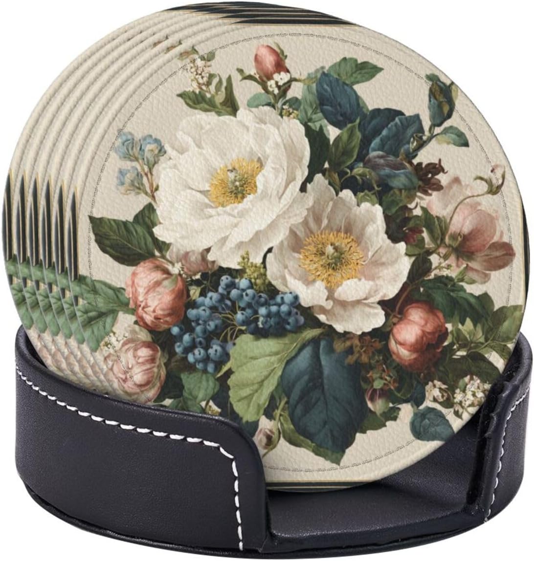 White Pink Flowers Blue Berries On Light Cream Premium Leather Coasters, Set of 6 with Holder, Stylish Beverage Coasters for Kitchen Coffee Bar