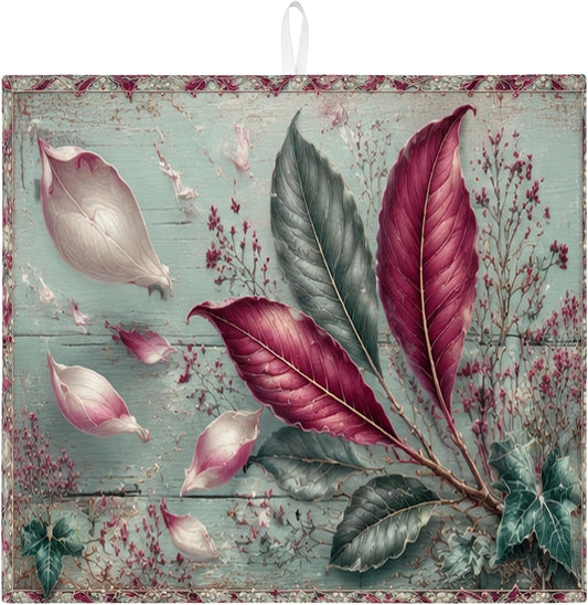 Vintage Peach Leaf Dish Drying Mats for Kitchen Counter, Rustic Green Floral Absorbent Dish Drainer Mat, Autumn Microfiber Drying Pad for Kitchen Counter 16x18 Inch