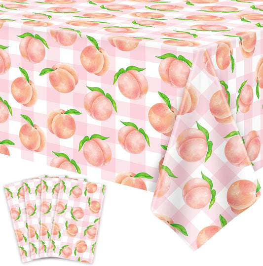 4Pcs Peach Tablecloth Pink Sweet One Peach Girl Summer Birthday Party Decoration 51 x 86 Pink Check Disposable Plastic Table Cloth Dining Room Kitchen Indoor Outdoor Décor (4)