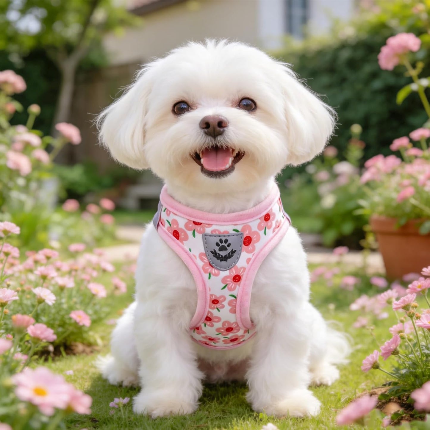 SCENEREAL Small Dog Harness and Leash Collar Set, Step in Soft Light Puppy Vest, Breathable Pet Harness for Small Sized Dogs, No Chock Reflective for Safe Outdoor Walking, Pink Flower M