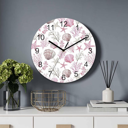 Pink Coastal Wall Clock Battery Operated Non-Ticking 12" Round Wood Clocks, Summer Beach Nautical Coral Starfish Shell Kitchen Wall Clock for School Bathroom Living Room Home Office Wall Decor
