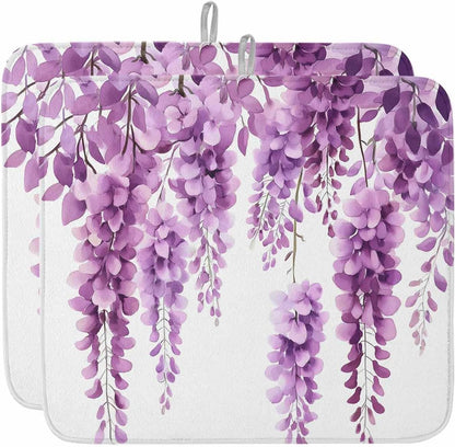 Dish Drying Mat Wisteria Floral Absorbent, Non-Slip Drying Mats Light Pink Leaf Kitchen Counter Mat for Plates, Glasses, Utensils – Quick-Dry Home Decor 2 Pack 16" x 18"