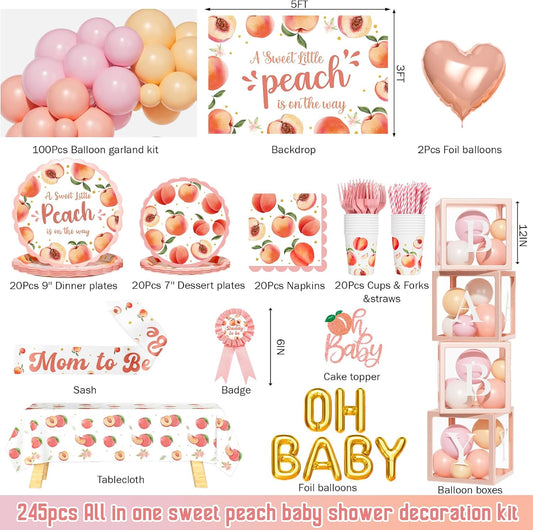 Party Inspo Peach Baby Shower Decorations, A Sweet Little Peach Is on the Way Party Supplies with Backdrop, Balloon Garland, Boxes, Tableware Set for Girls Summer Themed Party