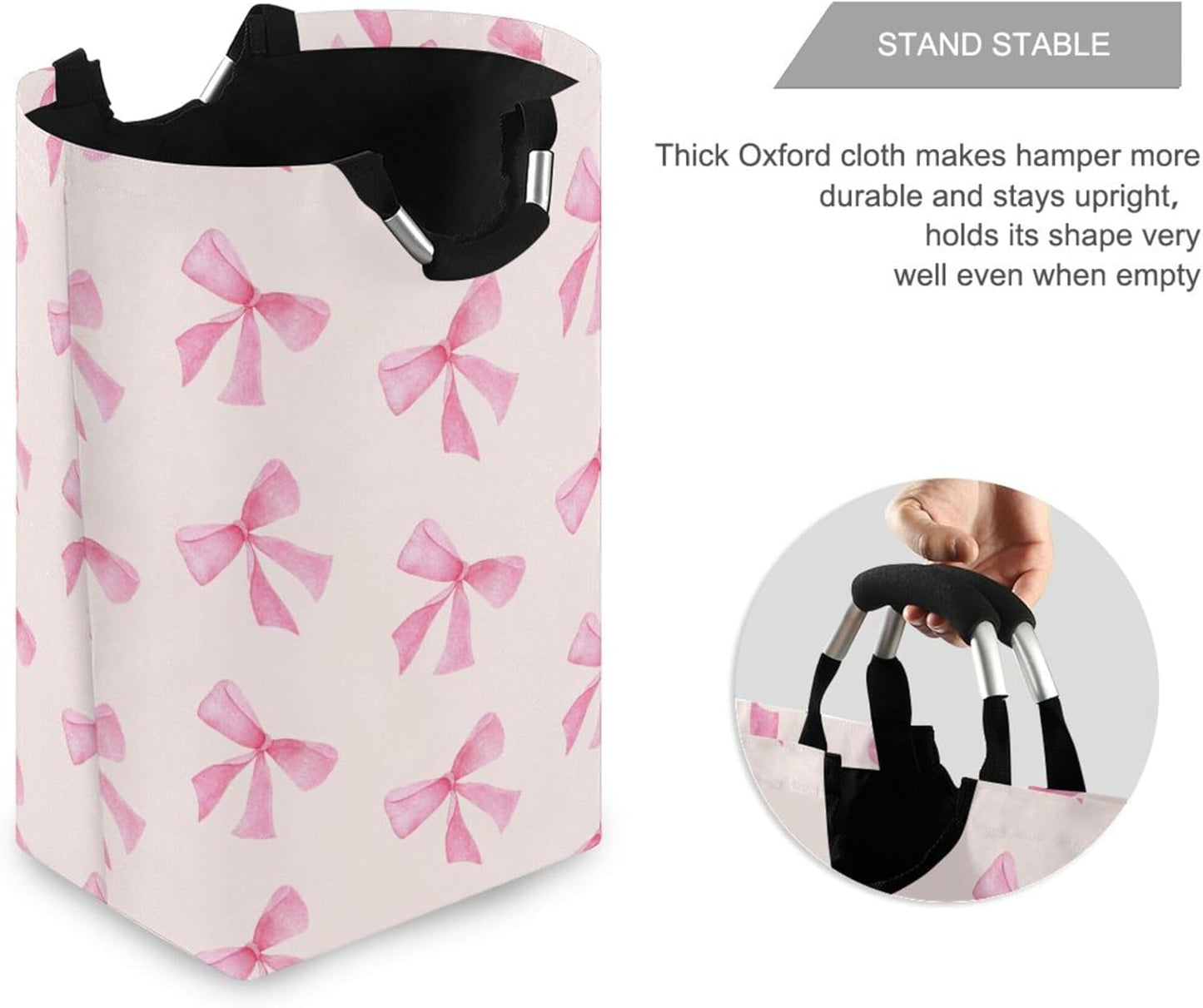 Pink Bow Large Laundry Hamper with Handle, Foldable Clothes Hamper Collapsible Storage Basket for Toys and Clothes Organization in Bedroom, Bathroom, and Laundry Room