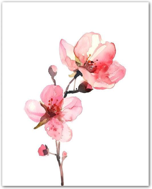 ZUKIY Peach Pink Blossom Branch - 8x10 Unframed Blossom Wall Art Print - Watercolor Botanical Floral Wall Art for Bedroom Bathroom Hallway Office or Guest Room - Soft Botanical Decor Poster