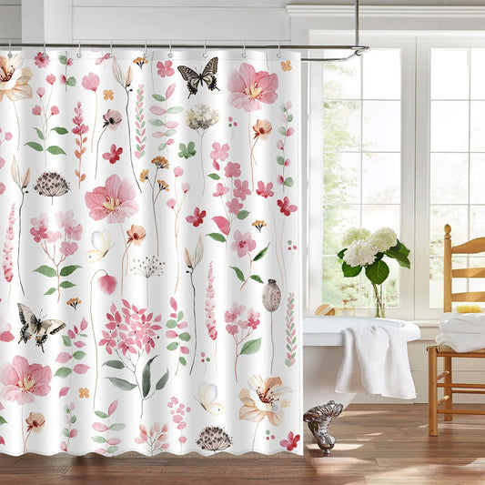 Watercolor Floral Leaf Shower Curtain, Flower Botanical Leaves Bathroom Decor, Modern Minimalist Waterproof Fabric Bath Curtain Set with 12 Hooks 72x72 Inches (Pink, 72x72 Inches)