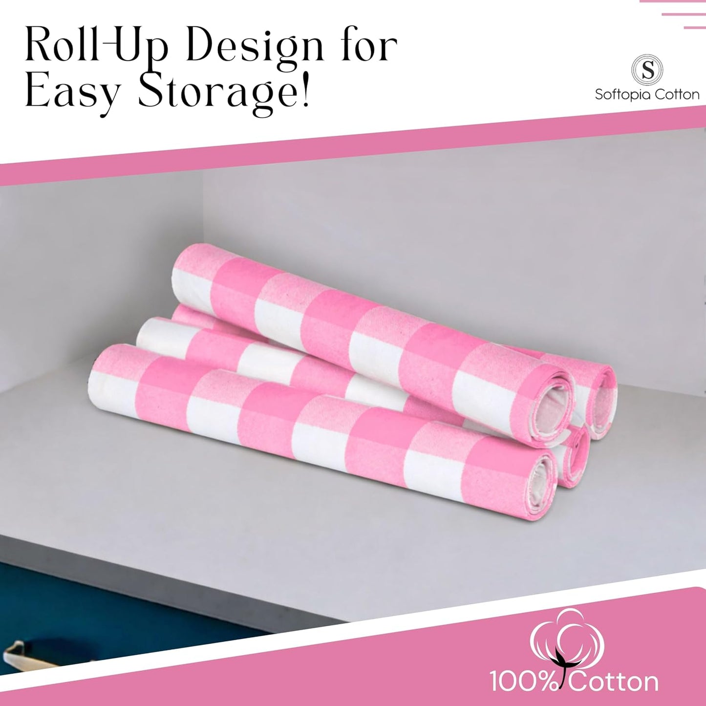 Rose Pink and White Buffalo Check Placemats Set of 4, 13x19 Inches, Plaid Table Mats, 100% Cotton, Washable, Soft and Reusable Placemats for Baby Showers, Weddings, Holiday Gatherings