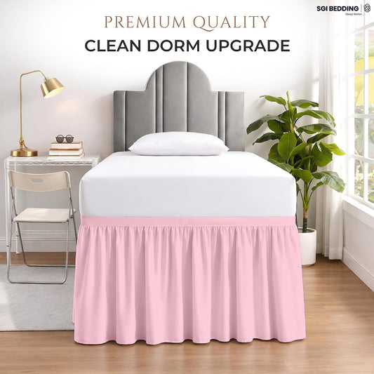 SGI bedding Dorm Bed Skirt Twin XL 42 Inch Drop Length - Pink, Ruffled Pattern College Dorm Room Bed Skirts - Split Corner, Easy Care, Wrinkle Free 1800 Series Microfiber Bed Skirt