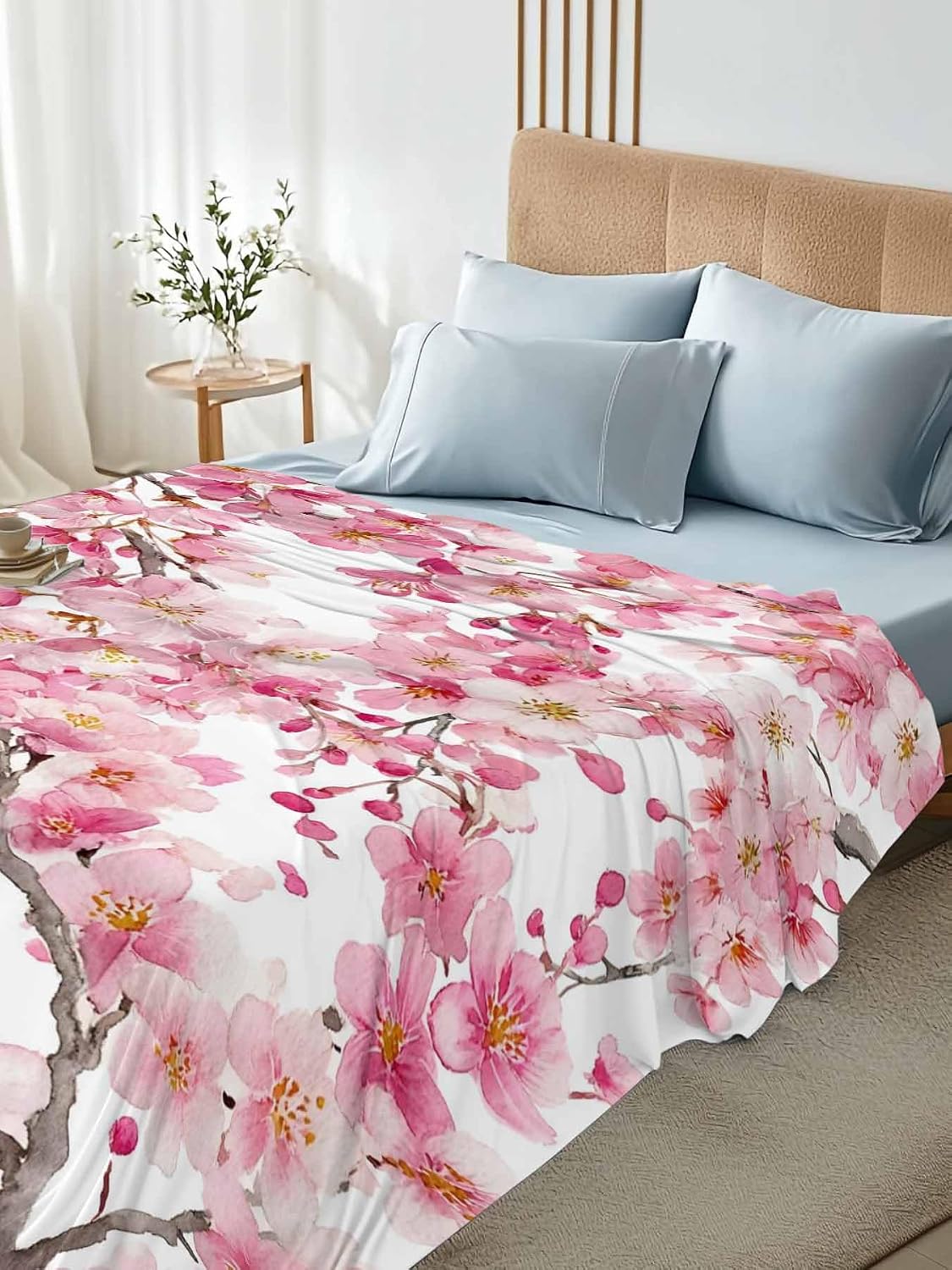 Spring Peach Flowers Flat Sheets Only Full Size, Soft Breathable Bed Top Sheets for Mattress, Pink Botanical Floral Leaves Branch Luxury Bedding Flat Sheets for Home Hotel Bedroom Bed Protection