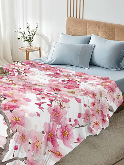 Spring Peach Flowers Full Size Sheets - Hotel Quality Full Flat Sheet Only 1 Pack, Pink Botanical Floral Leaves Branch Soft Bed Sheet Brushed Microfiber Bedding Top Sheets for Home Dorm