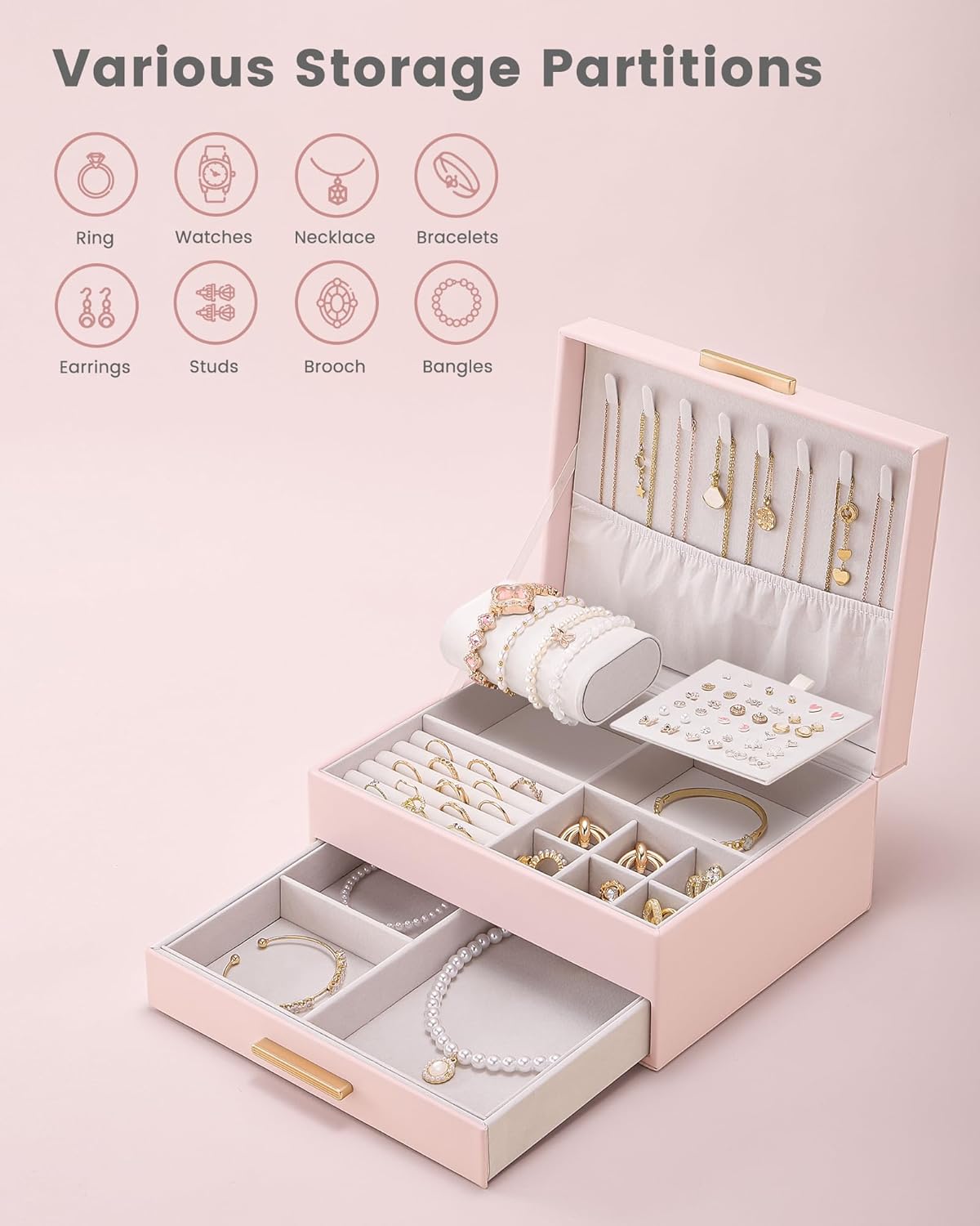 Lolalet 2-Layer Jewelry Box Organizer for Women Girls, Jewelry Storage Case Holder with Drawers for Necklaces Ring Earrings Bracelet Watch, Gifts Choice for Mom Mother’s Day -Pink