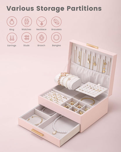 Lolalet 2-Layer Jewelry Box Organizer for Women Girls, Jewelry Storage Case Holder with Drawers for Necklaces Ring Earrings Bracelet Watch, Gifts Choice for Mom Mother’s Day -Pink
