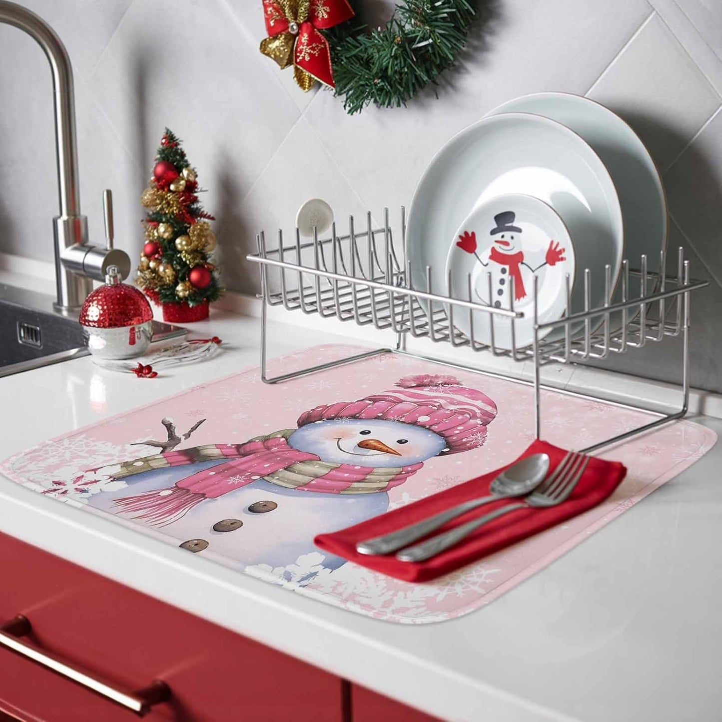 Christmas Pink Snowman Dish Drying Mat Absorbent Drying Matt Kitchen Counter Mats Pink White Snowflake Quick Dry Dishes Drainer Christmas Decorations 18x24 Inch