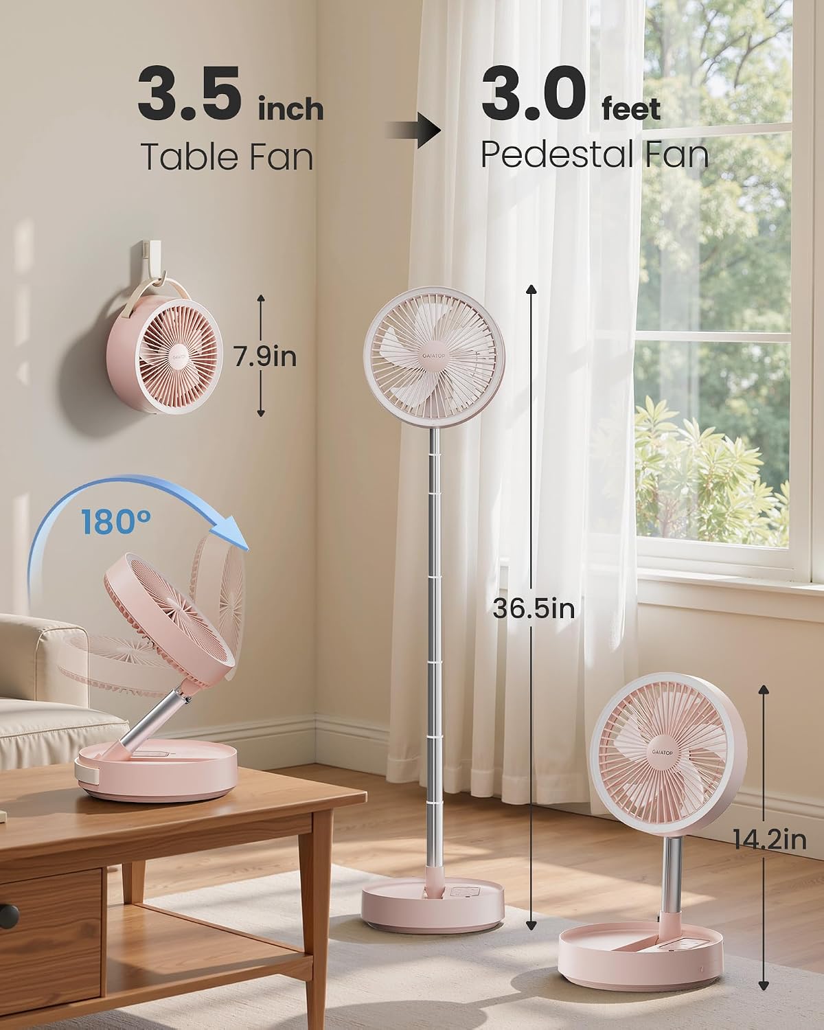 Gaiatop Portable Pedestal Fan 16000mAh Battery [Max 74h Runtime], Foldable Oscillating Standing Fan, Collapsible Desk Fans, LED Light, Case & Remote Control, 4 Speeds for Outdoor Travel Camping (Pink)