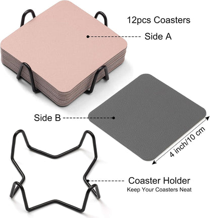 Myir JUN Coasters Glass Coasters Set of 12 4 inch Double Sided Faux Leather Coaster Waterproof Non-Slip Easy to Clean with Coaster Holder(Gray Pink)