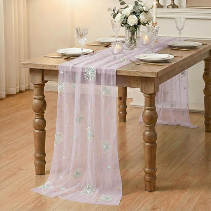 Artoid Mode Sequin Dandelion Floral Pink Gauze Embroidery Table Runner 120 Inch 10FT, Tulle Spring Kitchen Dining Holiday Table Decor for Home Party