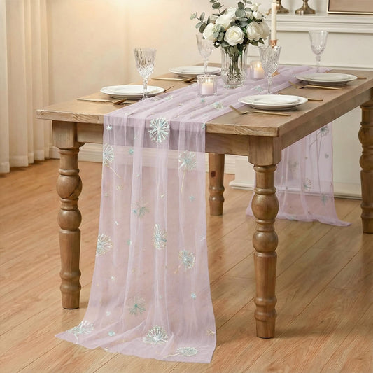 Artoid Mode Sequin Dandelion Floral Pink Gauze Embroidery Table Runner 120 Inch 10FT, Tulle Spring Kitchen Dining Holiday Table Decor for Home Party