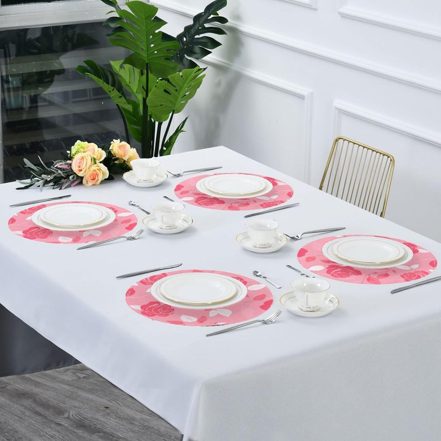 Floral Pattern Rose Peach Round placemats Outdoor Reversible placemats Dinner Plate mat Waterproof placemats Dinner mats Set of 6 15.4x15.4in