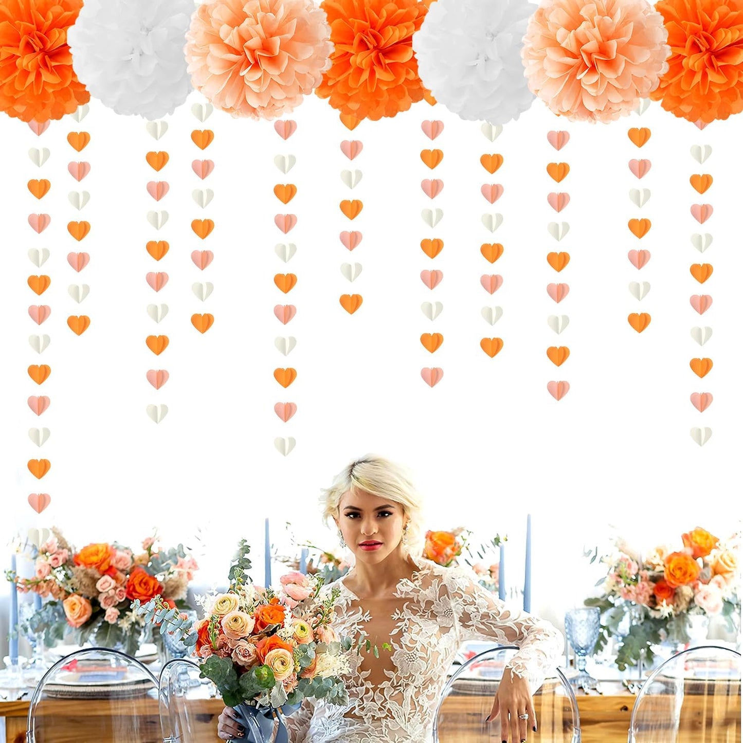 Beige-Orange Peach Fall Party-Decorations Heart-Garland - 39Ft Autumn Thanksgiving Birthday Boho Hanging Paper Streamers Banner,Birthday Bachelorette Baby Bridal Shower Engagement Decor Ouruola