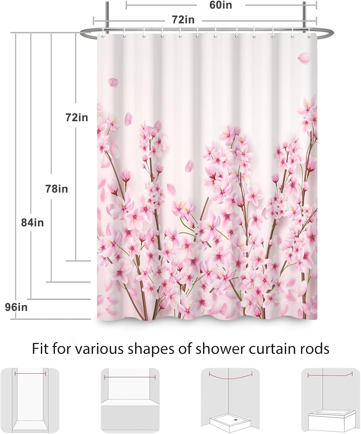 Renaiss 72x72 Inches Pink Cherry Blossom Shower Curtain Spring Pink Peach Floral Branches with Flower Buds Fabric Bath Shower Curtains for Bathroom Decor Waterproof Polyester with Hooks