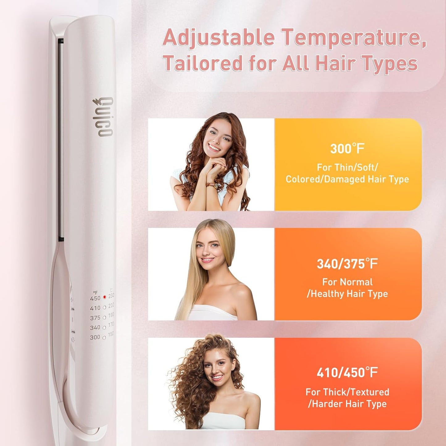 Quico Upgrade Hair Straightener, 100-240V Dual Voltage Travel Hair Straightener and Curler with 15s Heat Up, Professional Negative Ion Ceramic Flat Iron for Less Frizz, 5 Temp & Auto Shut-Off, Pink