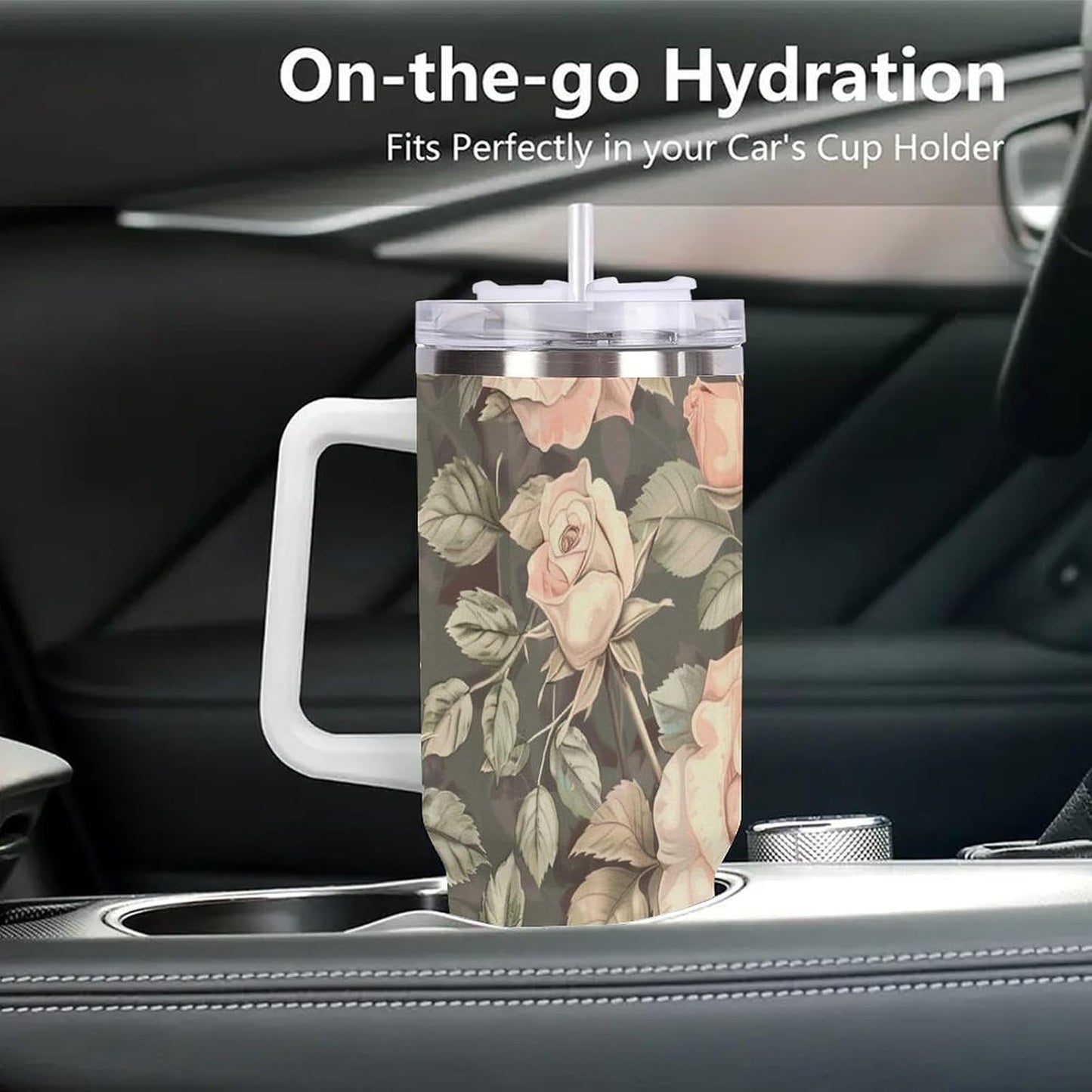40oz Tumbler with Handle, Peach Roses Green Leaves Pattern Printed Stainless Steel Travel Mug, Insulated Car Cup with Straw, Keeps Drinks Hot & Cold, Personalized Gift for Women & Men