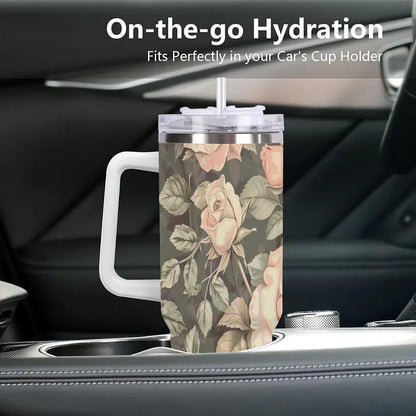 40oz Tumbler with Handle, Peach Roses Green Leaves Pattern Printed Stainless Steel Travel Mug, Insulated Car Cup with Straw, Keeps Drinks Hot & Cold, Personalized Gift for Women & Men