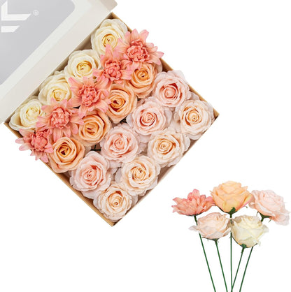 FANKO Artificial Flowers for DIY, Cream Peach Blush Pink Faux Flowers Bouquet, Fake Rose Silk Flowers for Vase, Home Decor, Garland, Wedding, Birthday, Party, Romantic Celebration