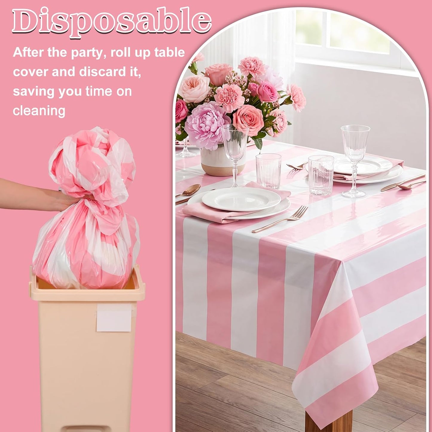 3 Pack Pink Striped Tablecloth, 54 x 108Inch Pink and White Striped Tablecloth Pink Carnival Theme Party Decorations Waterproof Plastic Table Cloth for Birthday Picnic Baby Shower Wedding Halloween