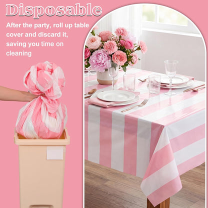 3 Pack Pink Striped Tablecloth, 54 x 108Inch Pink and White Striped Tablecloth Pink Carnival Theme Party Decorations Waterproof Plastic Table Cloth for Birthday Picnic Baby Shower Wedding Halloween