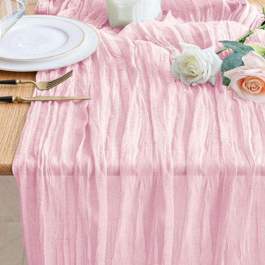 Wokceer Pink Cheesecloth Table Runner Spring 10FT Blushing Pink Boho Gauze Table Runner Easter for Party Wedding Sheer Runners for Baby Bridal Shower