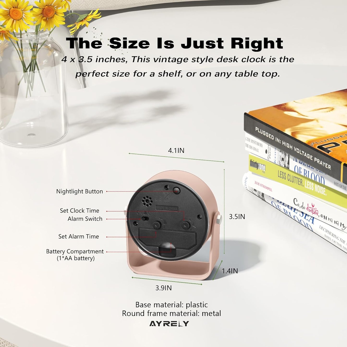 AYRELY® 3.5 Inch Small Analog Alarm Clocks,Battery Operated Desk Clock,Cute Table Clock with Light，Adjustable Angle for Travel,Bedside,Bedroom,Kids,Living Room Decor (Pink)