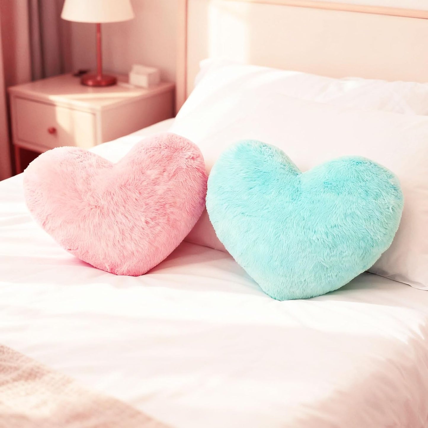 Fuxiqar 2 Pack Pink Heart Throw Pillows 18-inch Soft Fluffy Decorative Cute Pillows for Bed Couch Sofa Bedroom Decor Cozy Gift Idea(Pink)
