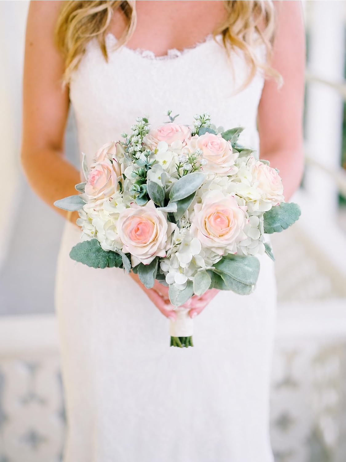 Rinlong 10.6 Inch White Pink Wedding Bouquets for Bride Bridal Bouquet for Wedding Artificial Bouquets Silk Flowers